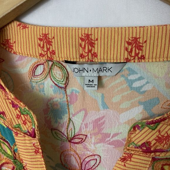 John Mark Women's Size M Embroidered Floral Button Tie Front Blouse 3/4 Sleeve - Picture 6 of 9